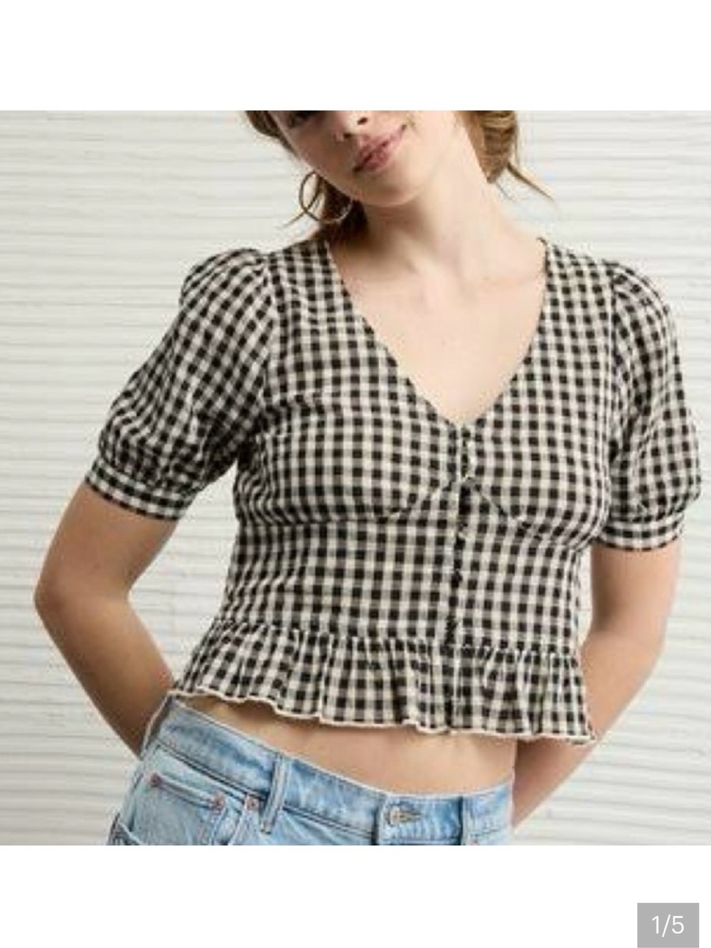 AE V-neck puff sleeve gingham corset blouse